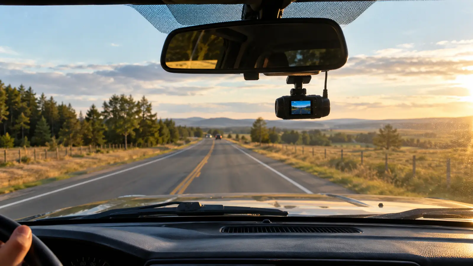 A dash cam mounted behind the rearview mirror, facing the windshield toward a two lane highway at golden hour