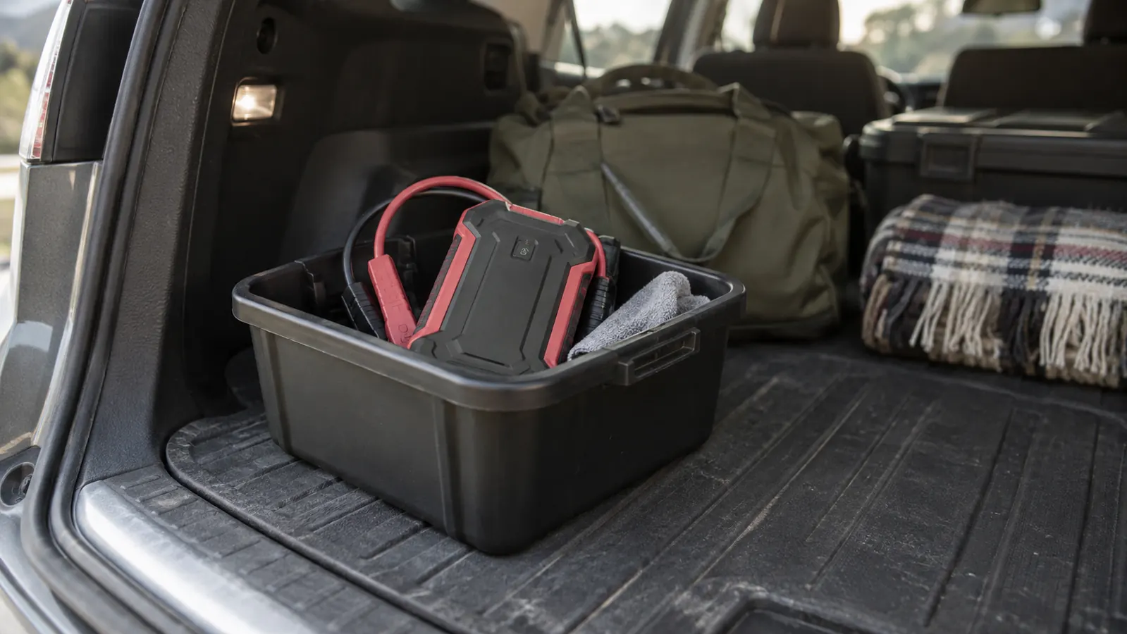 Jump starter tucked into a small organizer bin in the cargo area of an SUV