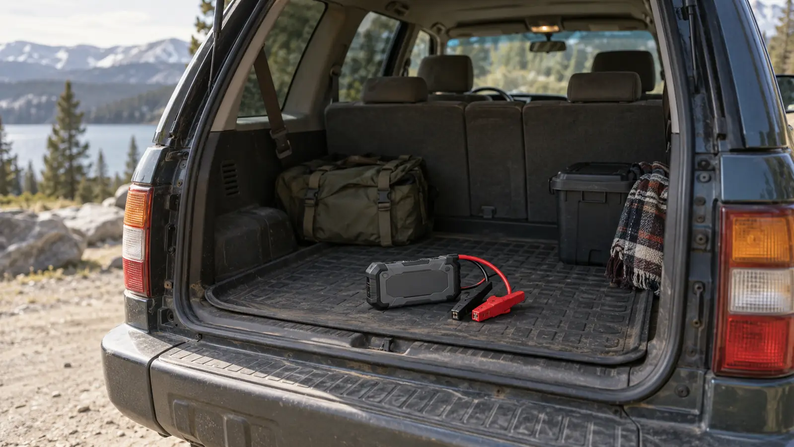 Portable jump starter sitting on the cargo mat of an older SUV with the hatch open