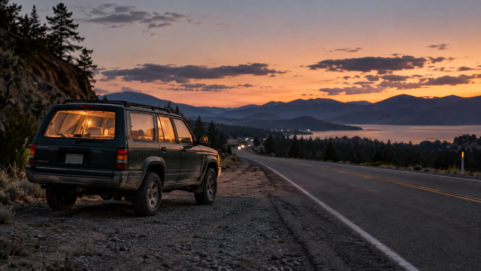 An older SUV on a two-lane highway at dusk