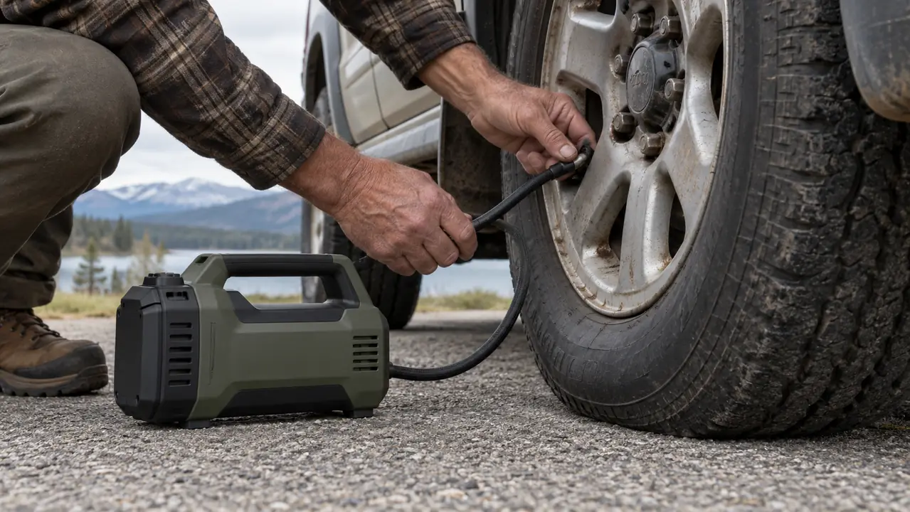 A person's hand connecting an air hose to the valve on the front tire of an older SUV, with a cordless tire inflator sitting on the pavement nearby