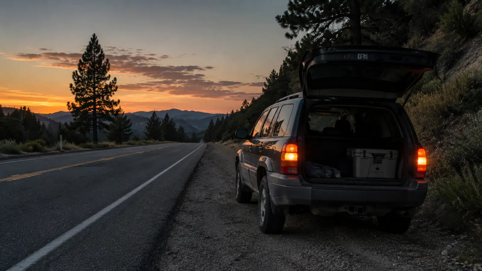 An older SUV stopped on the shoulder of a two-lane road with its hazard lights on and the trunk lid raised at dusk
