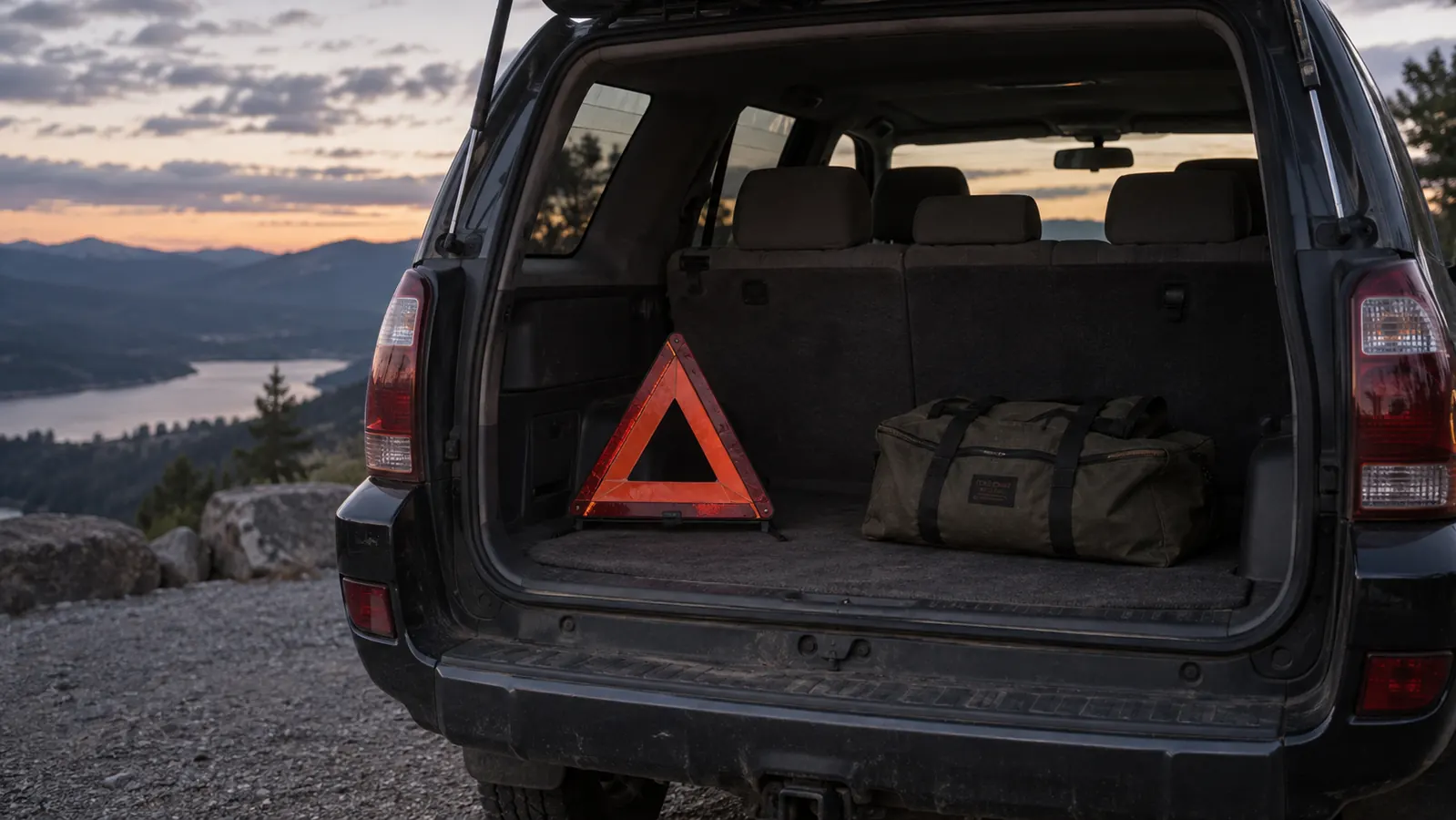 The carpeted cargo area of an older SUV with a reflective warning triangle and a zippered equipment bag