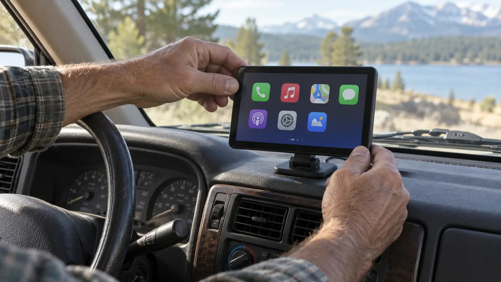 A hand reaches toward a portable dashboard screen in an older SUV, with a phone and coffee cup nearby.