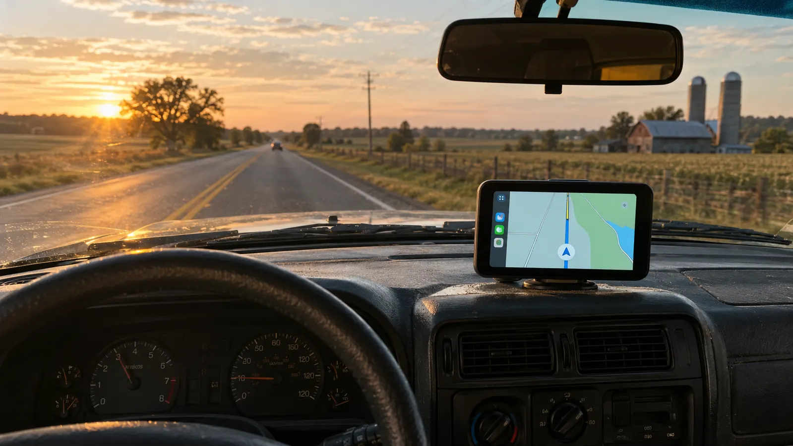 View through the windshield of an older SUV at golden hour, with a portable screen showing a map mounted near the dashboard and open road ahead.