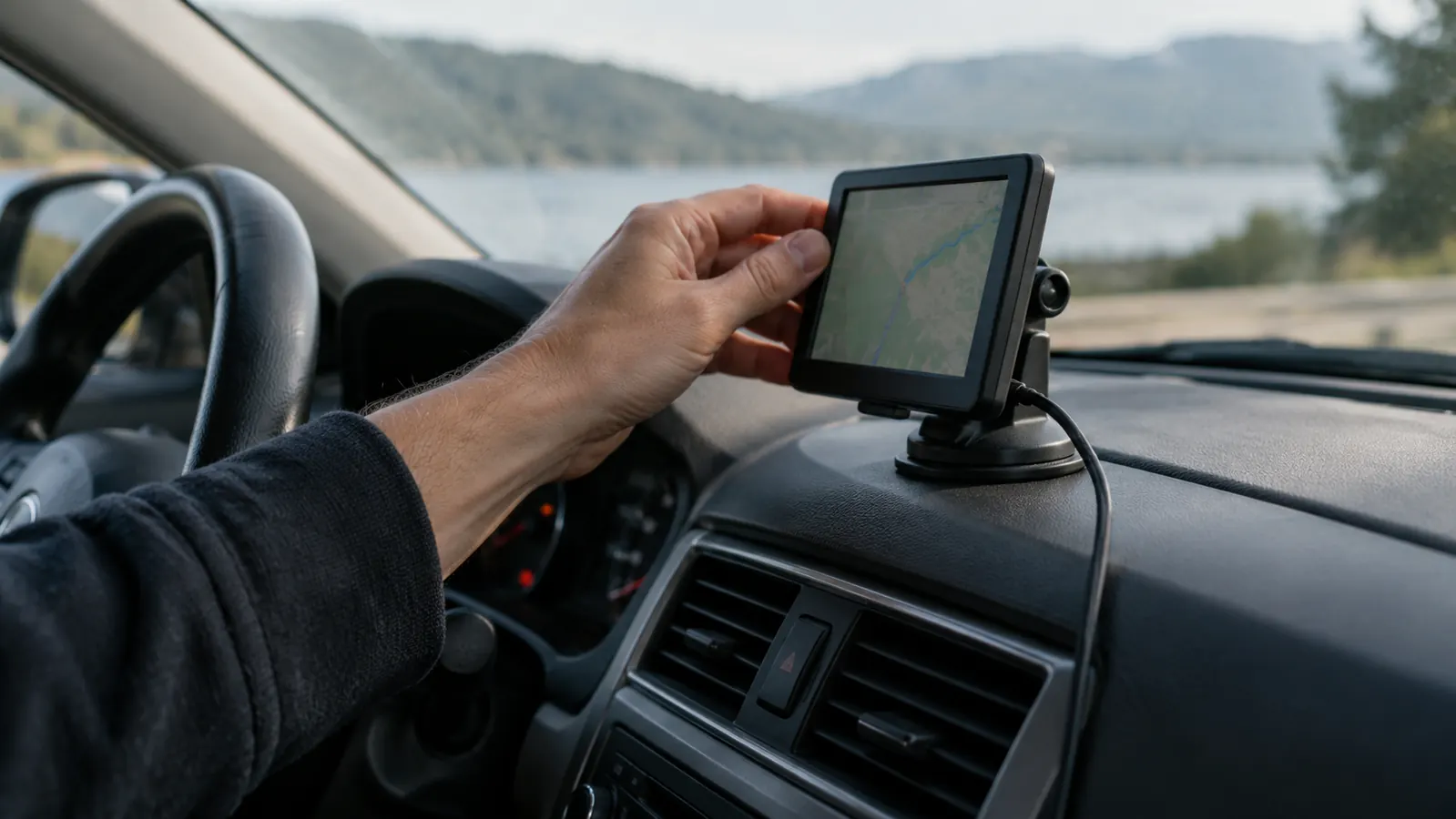 Close-up of a hand adjusting a portable screen on a car dashboard, with a power cable running down toward a 12V socket