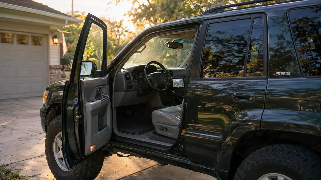 An older SUV parked in a driveway in late afternoon, with a portable screen mounted on the dashboard and visible through the open driver's door