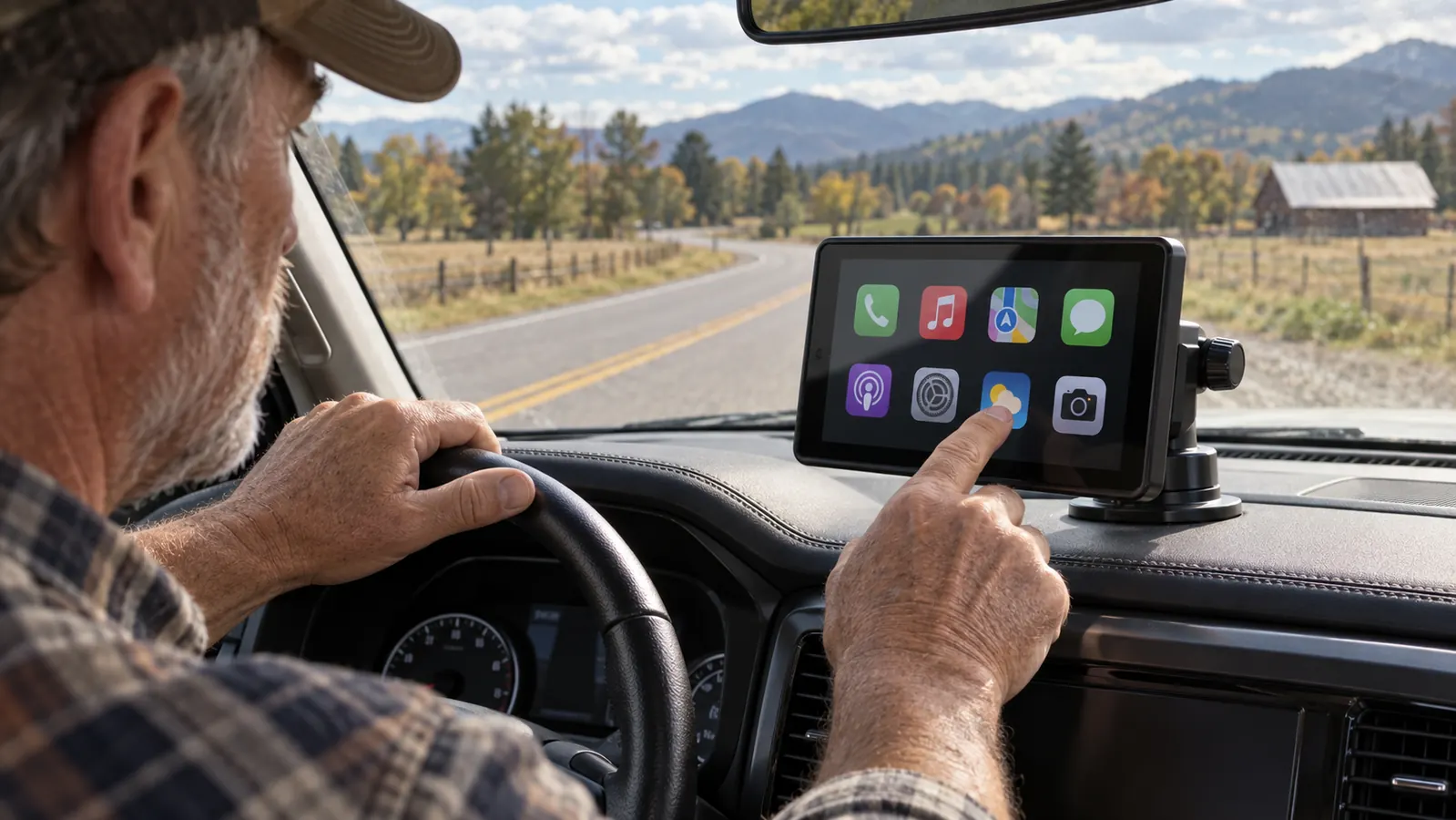 A driver touching an app icon on a portable car screen mounted to the dashboard of a parked SUV