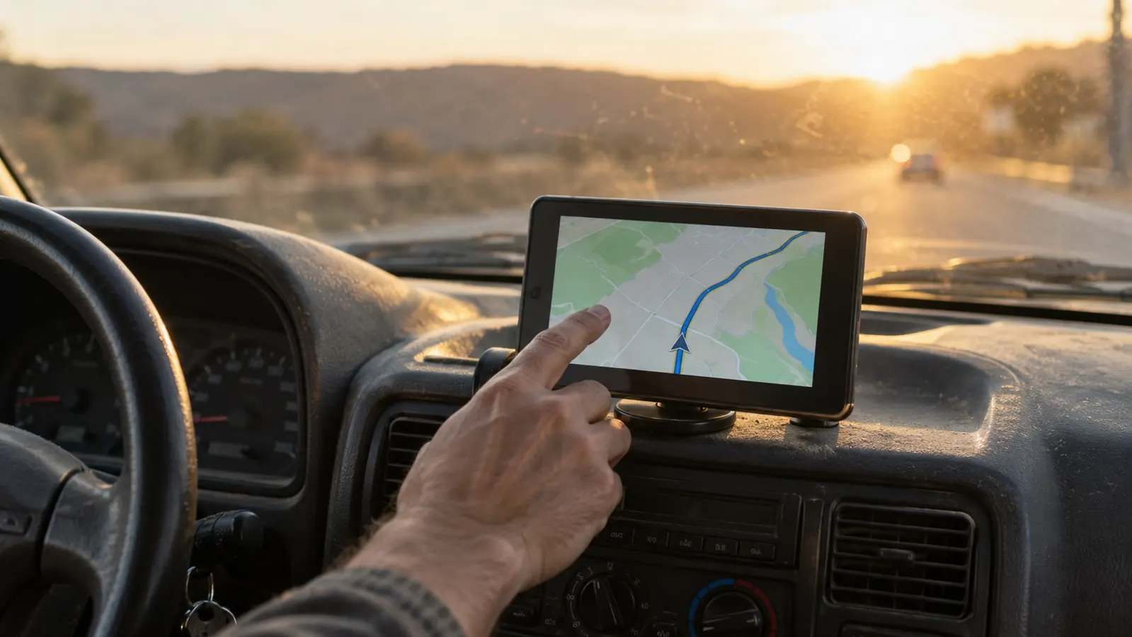 An older SUV dashboard with a portable screen mounted low and a driver reaching toward it in late afternoon light