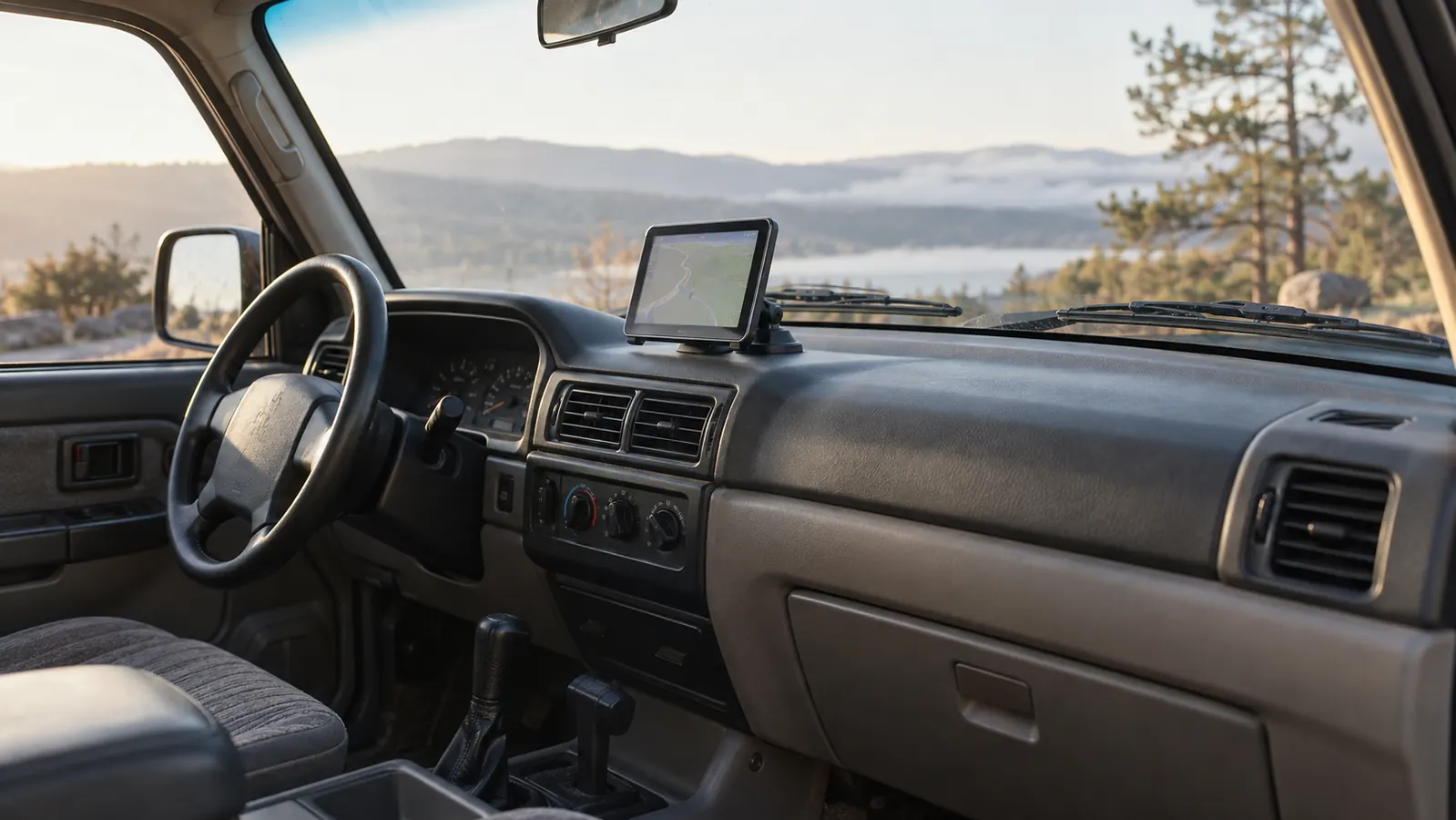 A portable touchscreen display mounted above the dashboard of an older SUV parked in a driveway in the morning