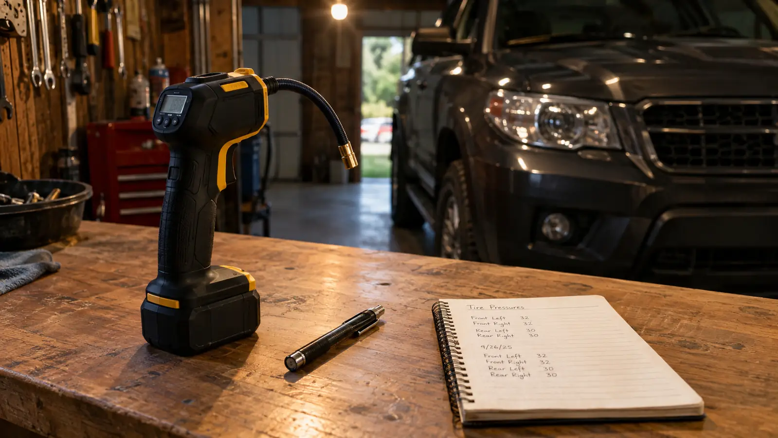 A cordless tire inflator standing upright on a garage workbench beside a pen-style tire pressure gauge and a small open notebook with handwritten numbers