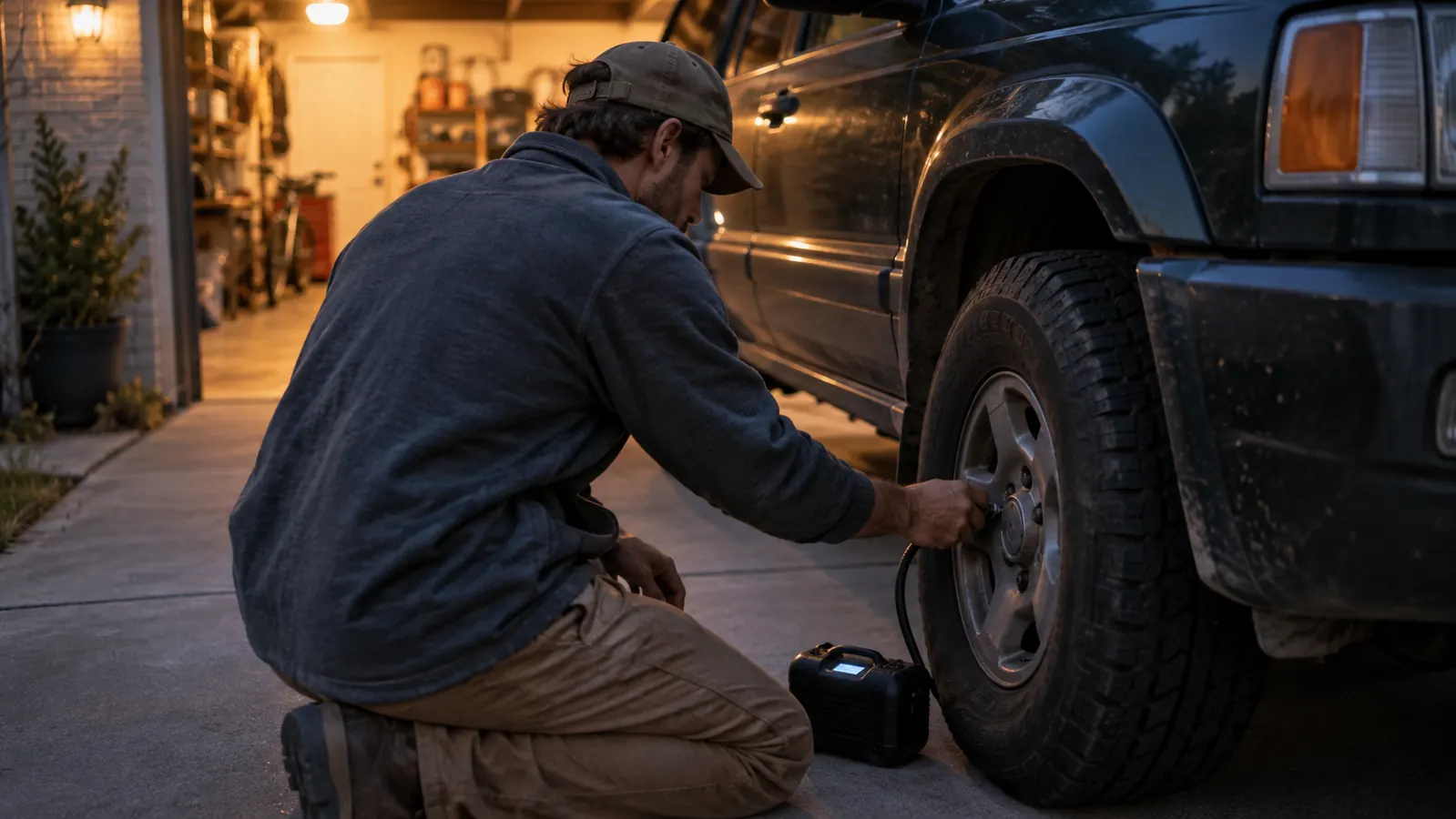 An older SUV parked in a driveway at dusk, a man kneeling beside the front tire with a cordless tire inflator in his hand