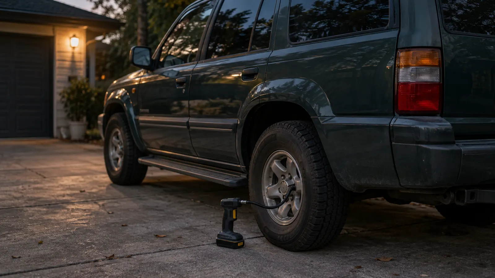 A cordless tire inflator beside an older SUV in a driveway at dusk