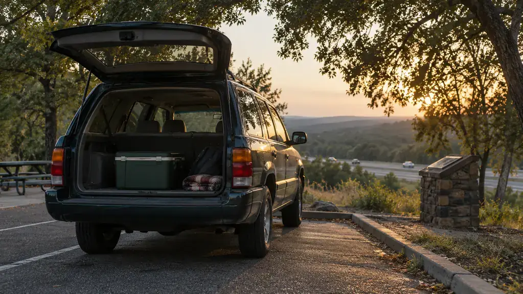 An older SUV pulled into a highway rest area at dusk with its cargo area open