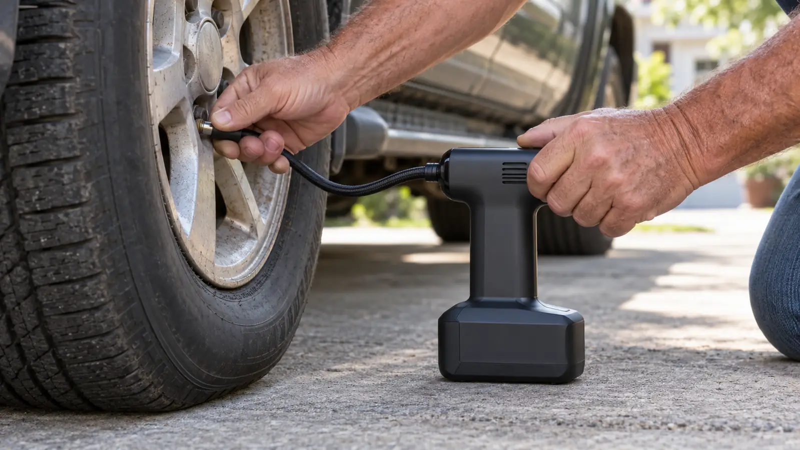 A close-up of a hand attaching the nozzle of a cordless tire inflator to a tire valve stem on an older SUV.