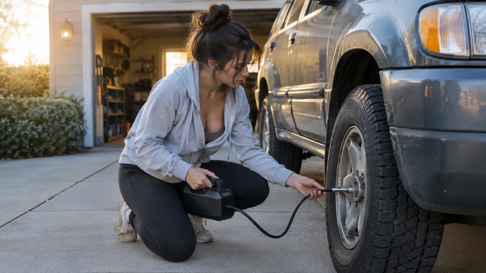 A person kneels next to the front tire of an older SUV in a driveway at dawn, using a cordless tire inflator with a flexible hose attached to the tire.