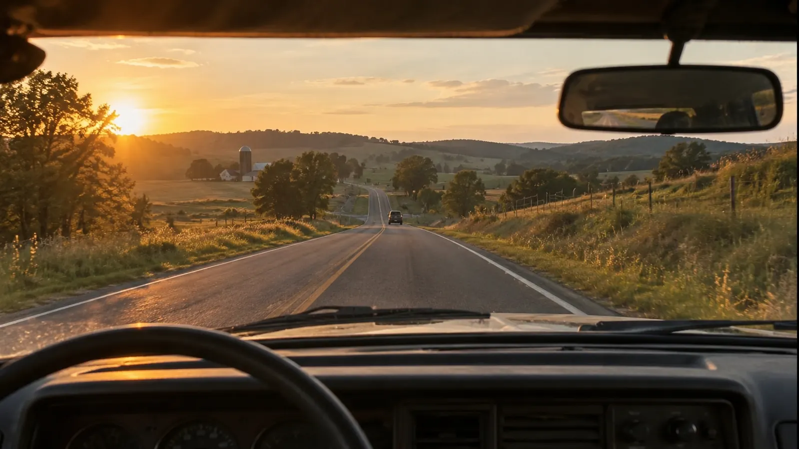 A two-lane highway through rolling farmland at golden hour, seen from the driver seat of an older SUV