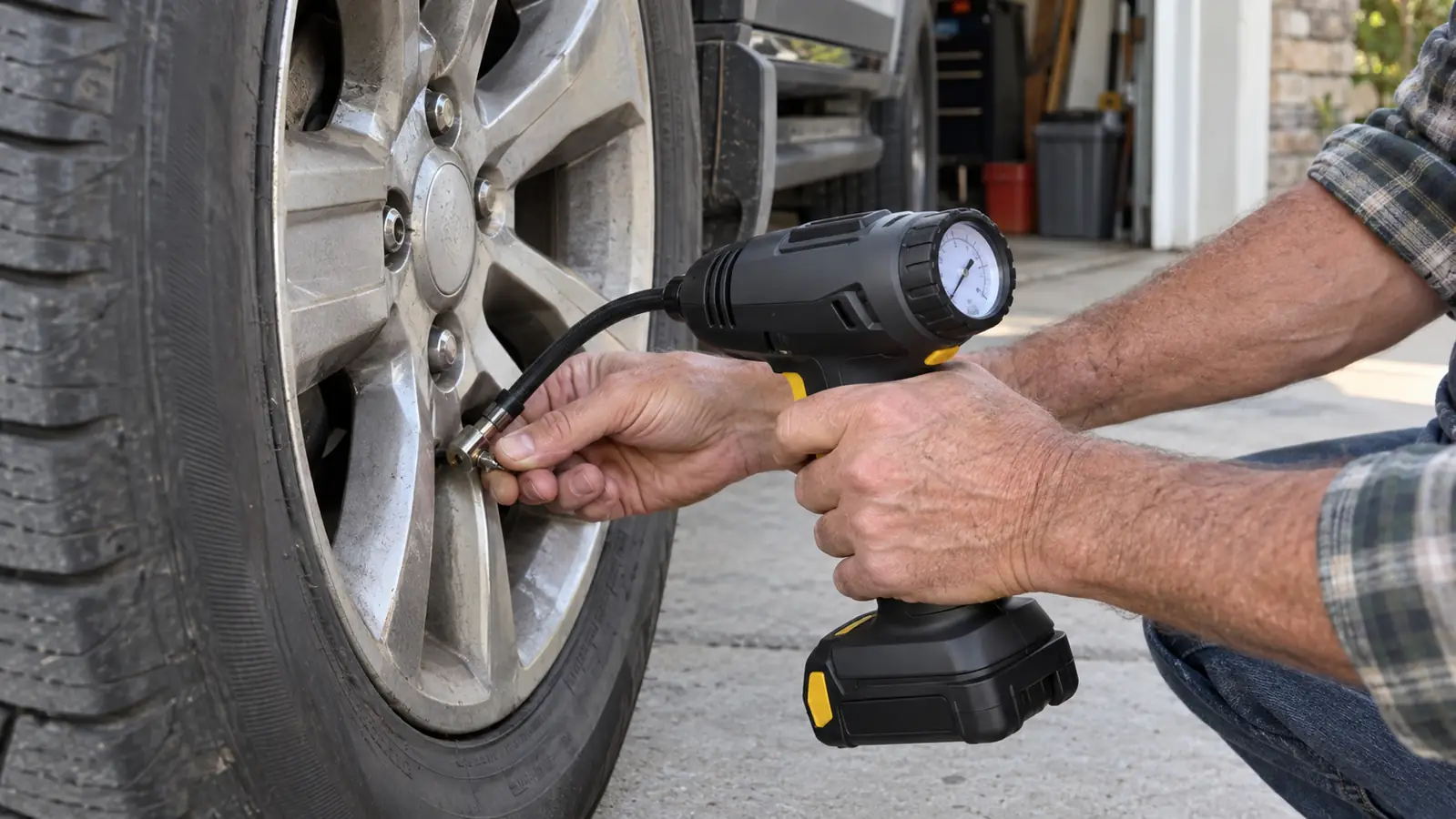 Close view of a hand pressing the nozzle of a cordless tire inflator onto a tire valve stem on an older SUV
