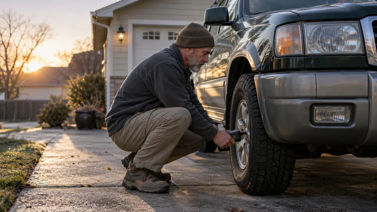 A person in a driveway at dawn crouching beside the front tire of an older SUV while filling the tire with a handheld cordless inflator