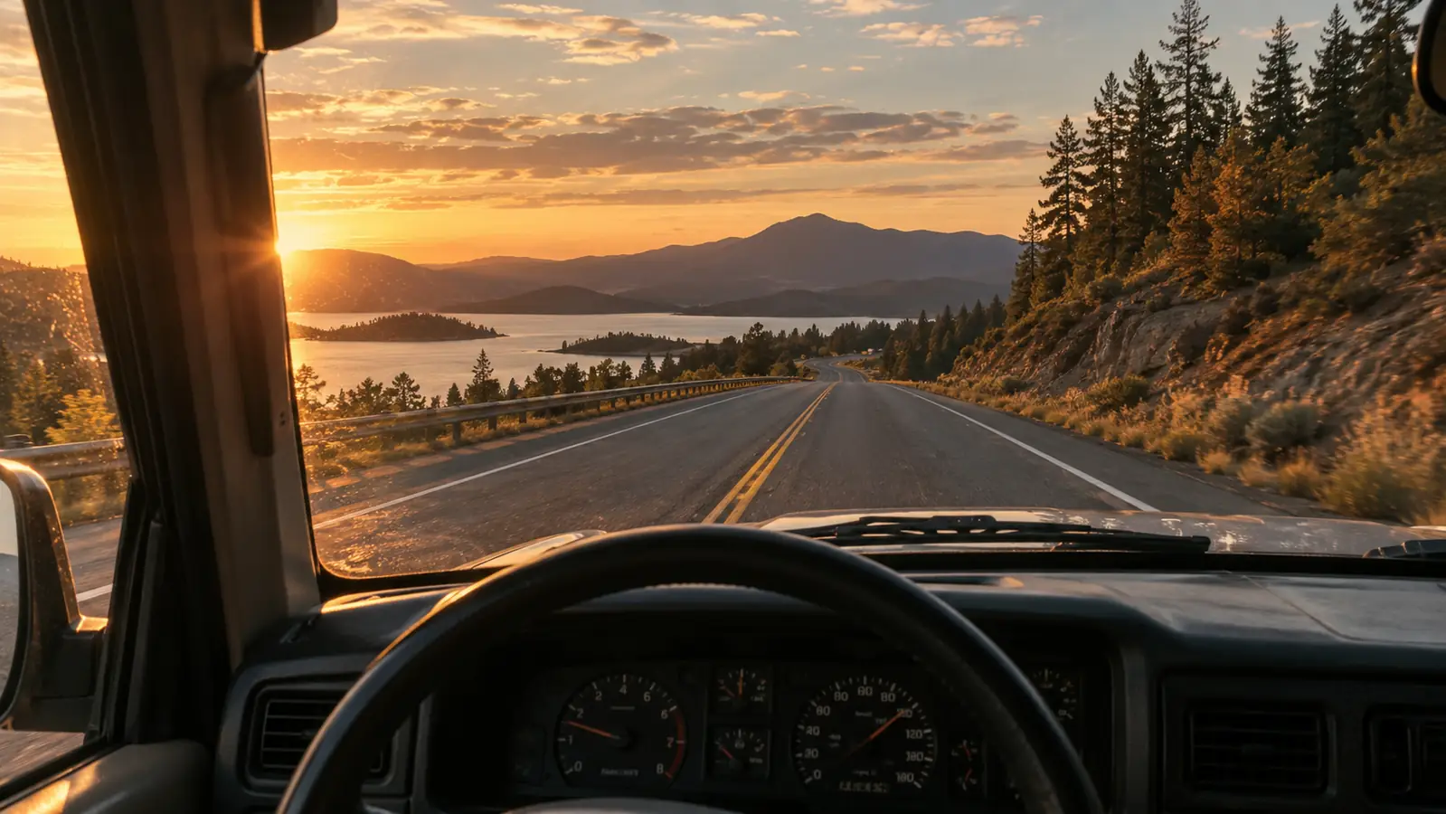The view through the windshield of an older SUV heading down a two-lane highway in late afternoon, open road ahead, dashboard in the lower frame, no people