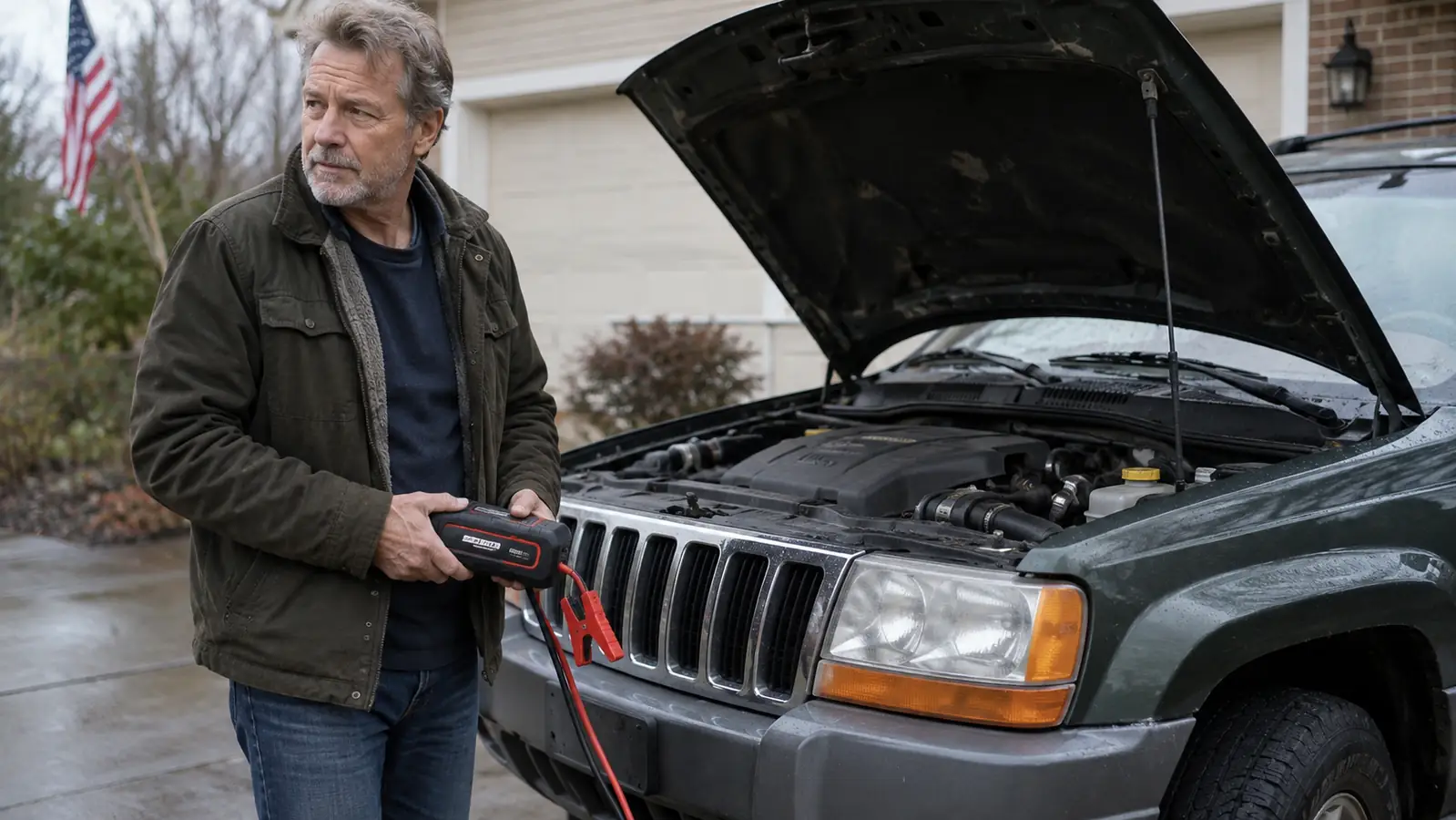 An older SUV parked in a driveway with the hood open while a man holds a portable jump starter