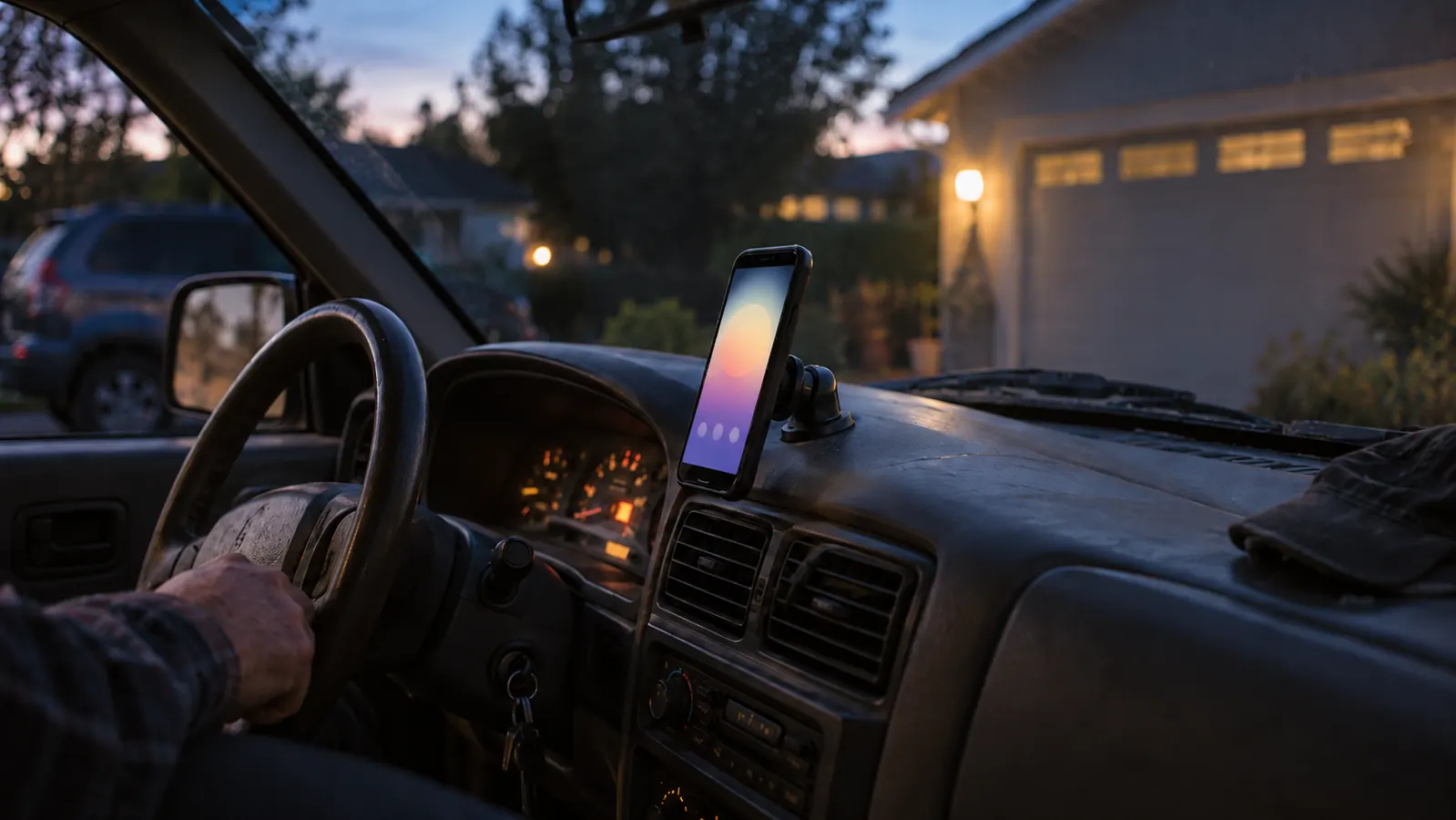 An older SUV parked in a driveway with a smartphone visible on a magnetic dashboard mount through the windshield