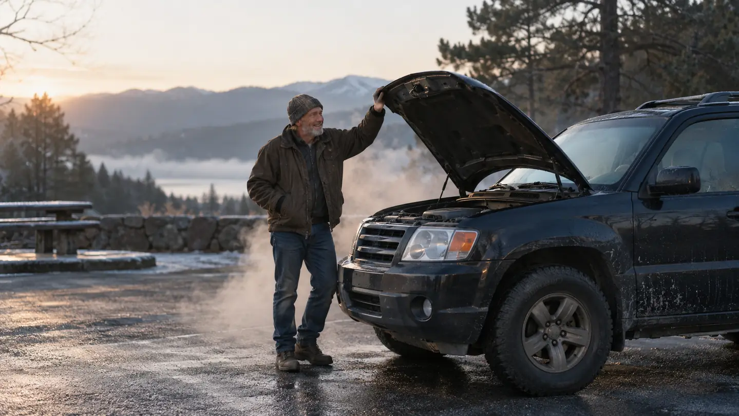 An older SUV at a rest area at dawn with the hood still open after a successful jump start