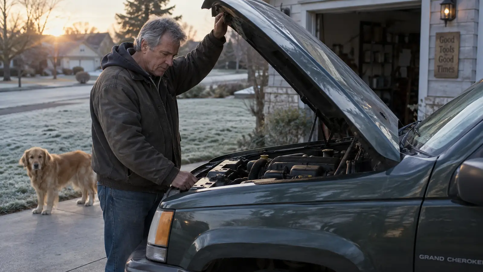 A man opens the hood of an older SUV in a quiet driveway at sunrise