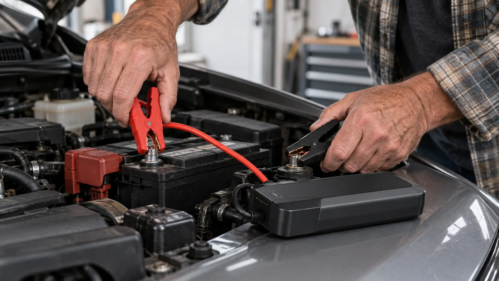 Hands attaching a pair of smart clamps to a car battery while a compact portable jump starter rests nearby
