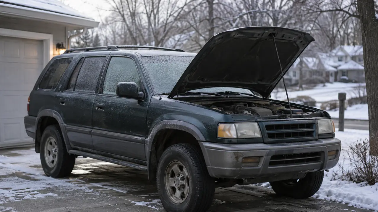 Frost on the windshield of an older SUV with the hood open on a gray winter morning