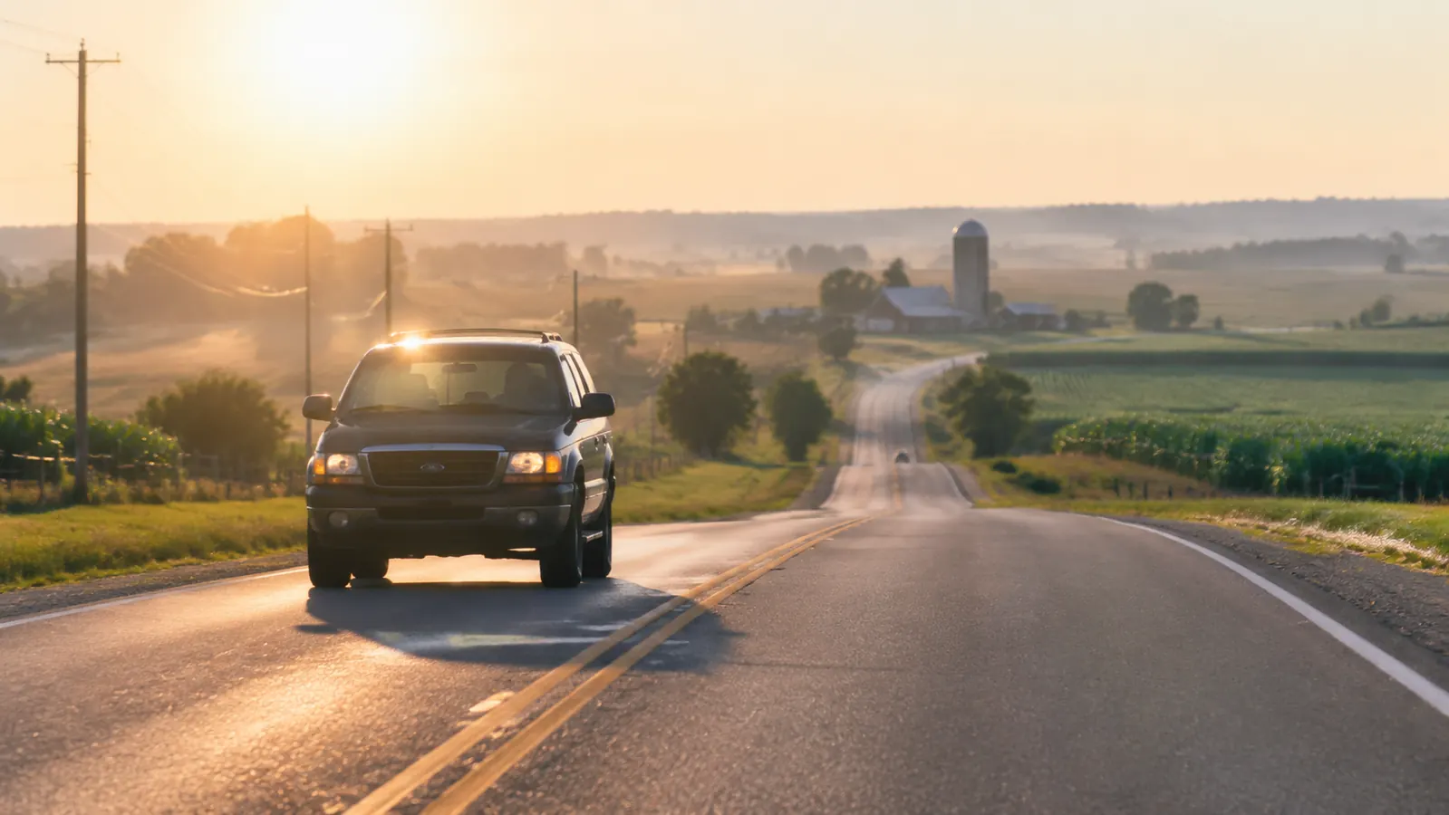Two-lane highway through green farmland in summer morning light