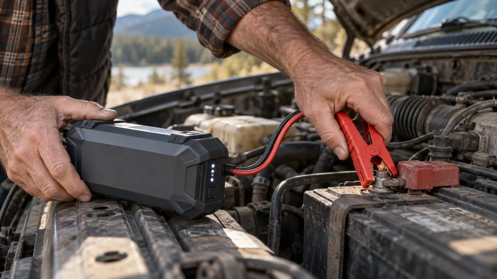 A hand attaching the clamp of a portable jump starter to a car battery terminal