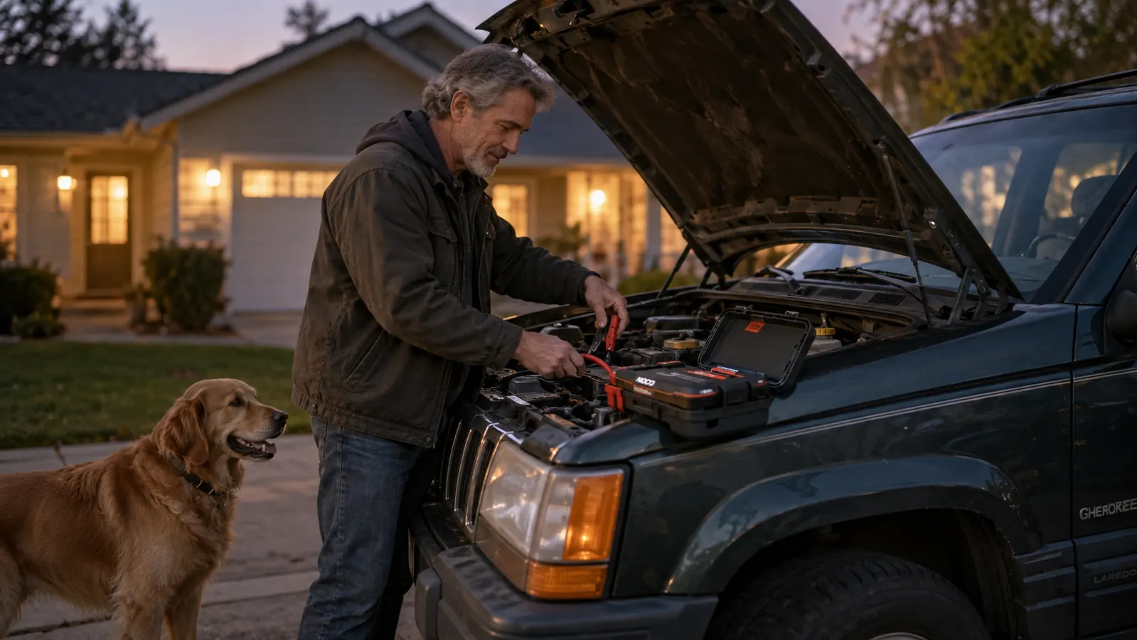 An older SUV with its hood open in a driveway at dusk, a portable jump starter case resting on the fender