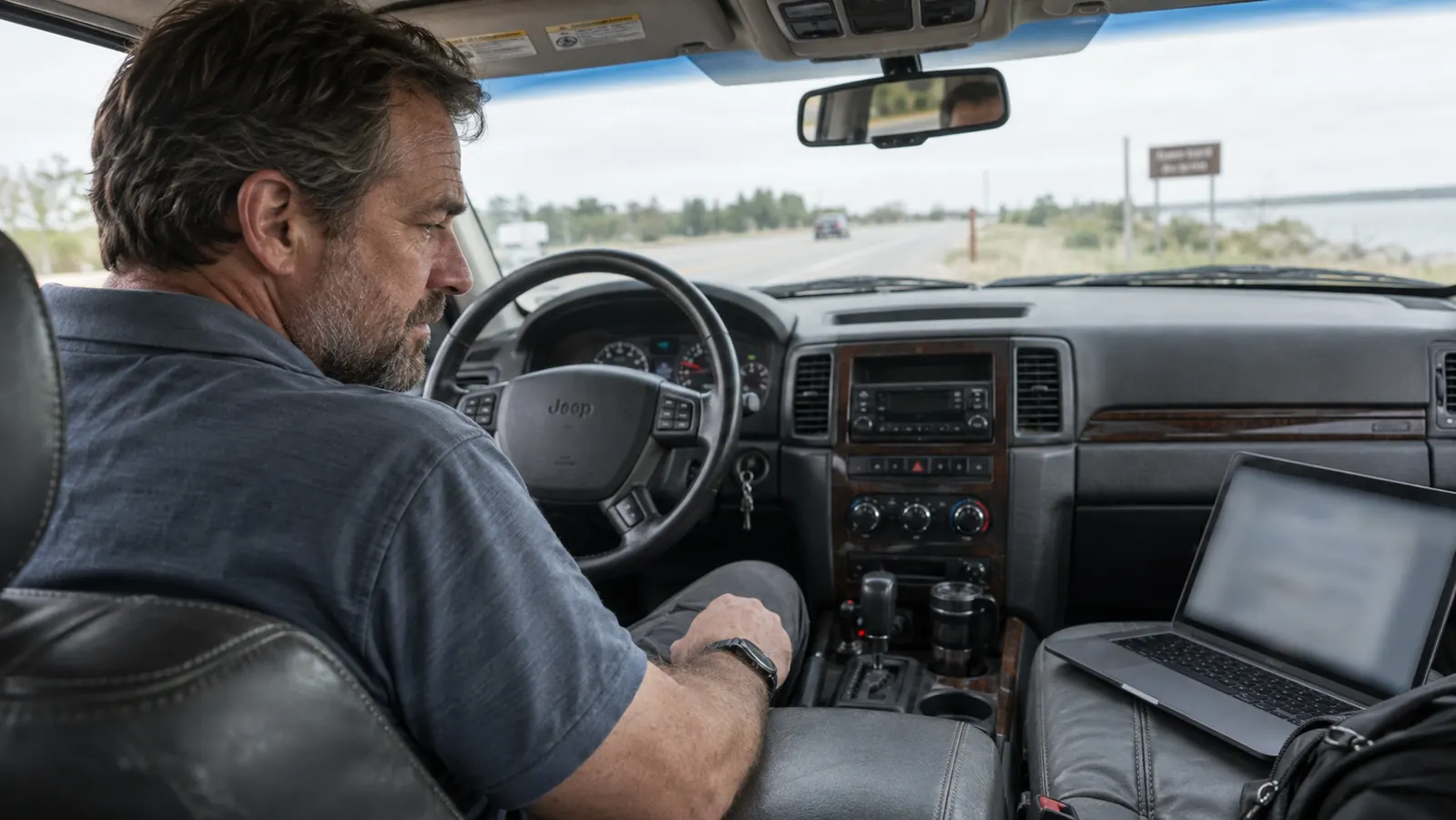 A driver in an older SUV reviews dash cam footage on a laptop in the passenger seat, parked at the side of a road.