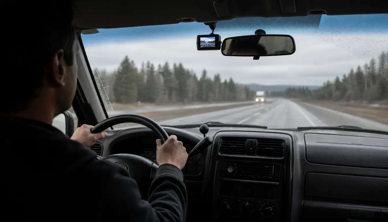 A small dash cam mounted behind the rearview mirror of an older SUV, seen from the driver's seat, with a two-lane highway stretching ahead in rainy light.