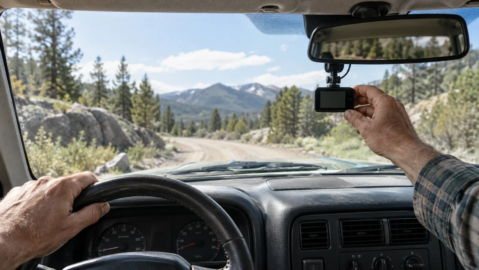 Driver reaching up to adjust a dash cam mounted behind the rearview mirror of an older SUV