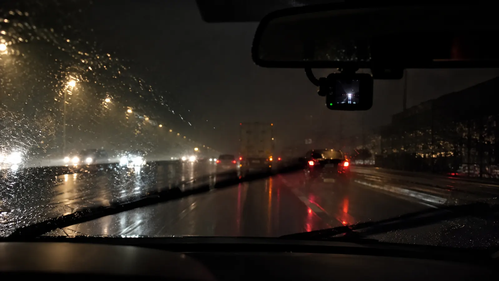 Night view through a rainy windshield with a dash cam mounted behind the mirror and headlight glare ahead