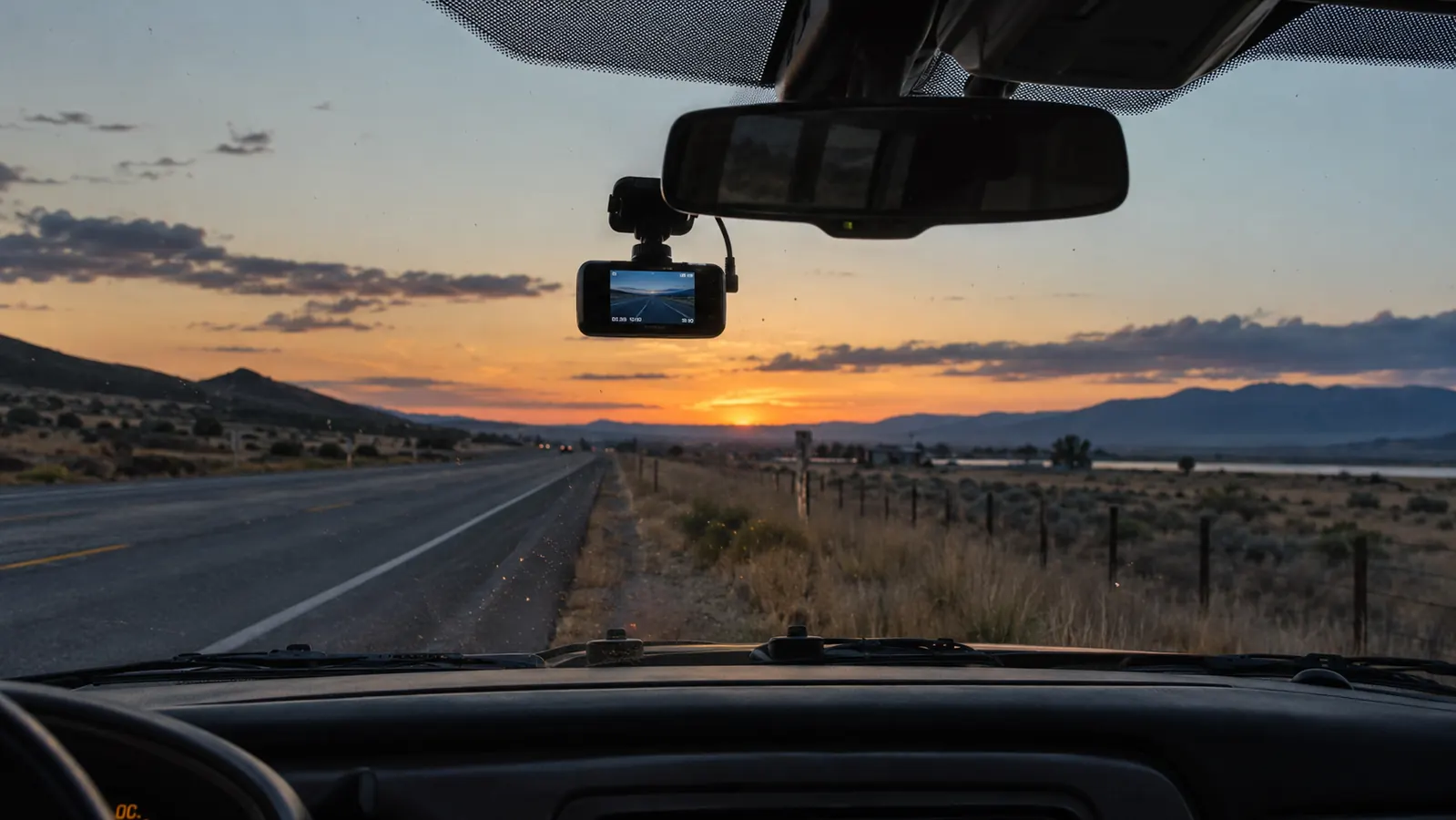 Windshield view of a two-lane highway at dusk with a dash cam mounted behind the rearview mirror