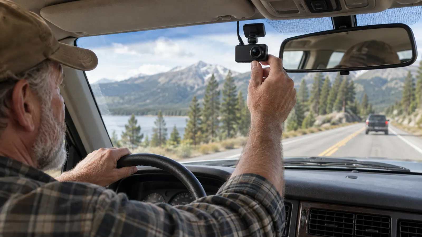 A driver reaching up to adjust the dash cam on the windshield before a drive
