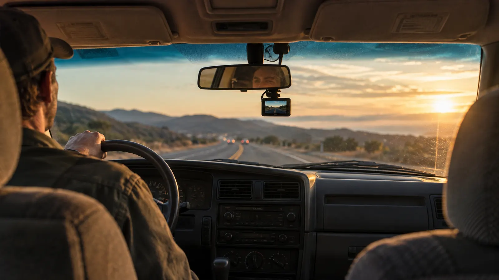 Dash cam mounted on the windshield of an older SUV, open highway ahead in late afternoon light