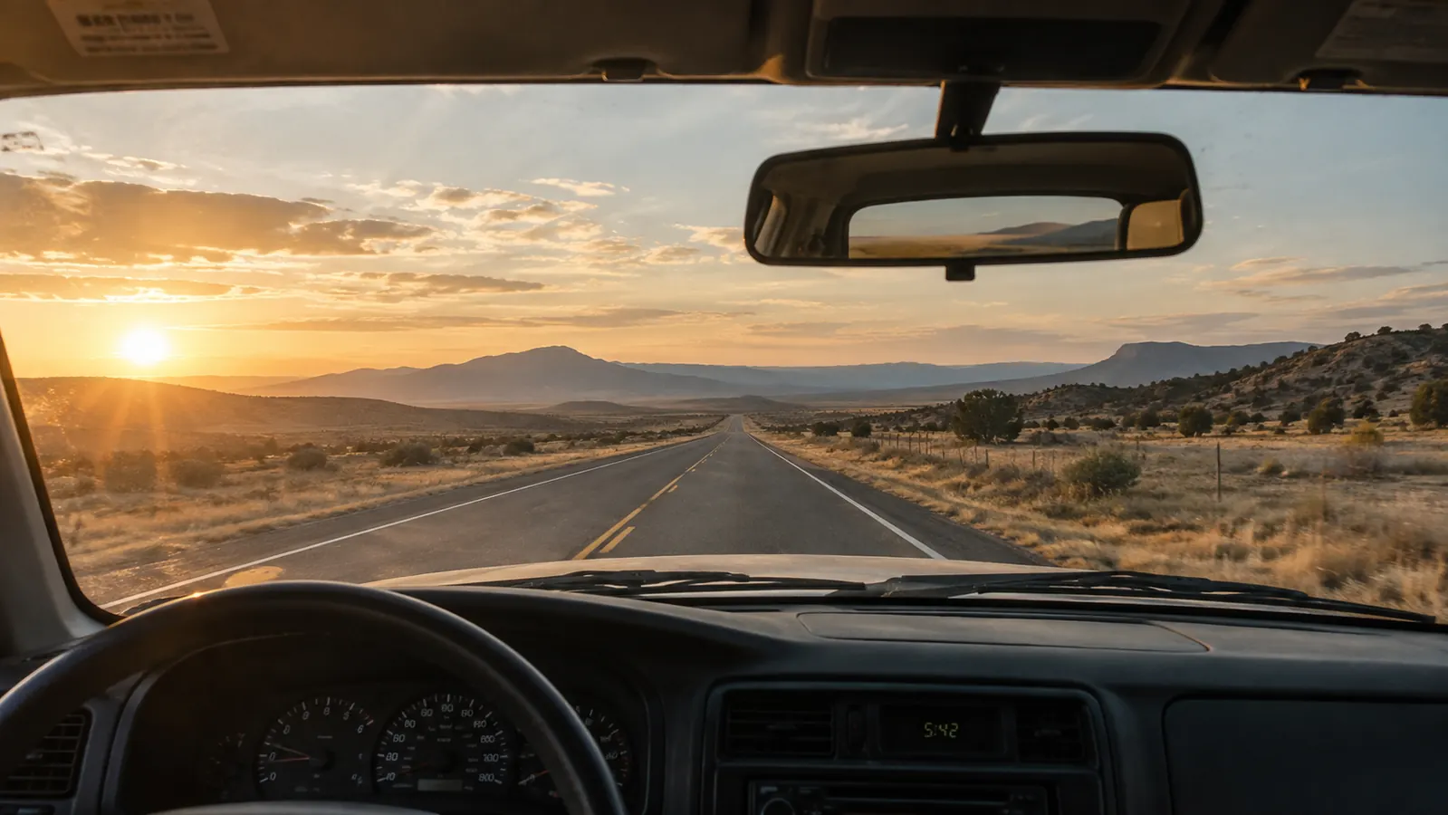View from inside an older SUV through a clean windshield at an open two lane highway in late afternoon light.